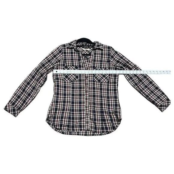 Skies Are Blue Women's V-Neck Maroon Navy Plaid Shirt Roll Tab Sleeve Size M - Picture 6 of 11